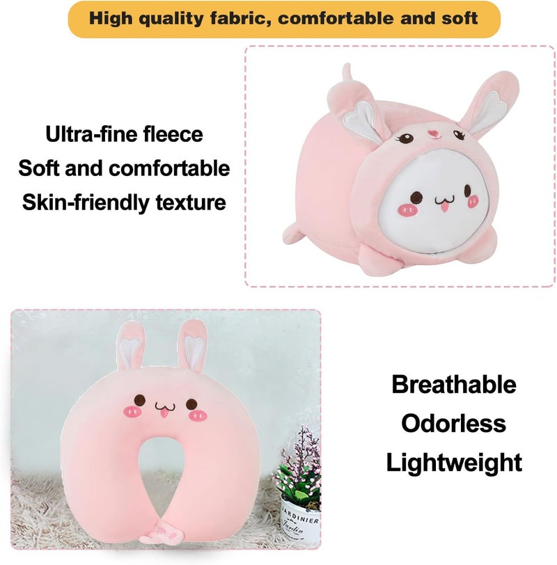 stocaggio Kids Travel Pillow - 2-in-1 Deformable Kids Neck Pillow for Traveling, Soft U-Shaped Pillow with Adorable Animal Design, Comfy Sleep and Play, Ideal for Airplanes and Traveling (QQ Pink Rabbit) - Image 3